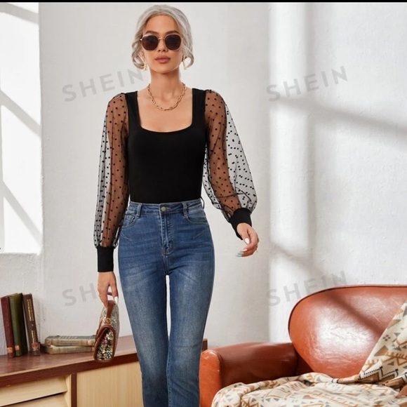 SHEIN Privé Contrast Dobby Mesh Lantern Sleeve Top - Picture 6 of 6